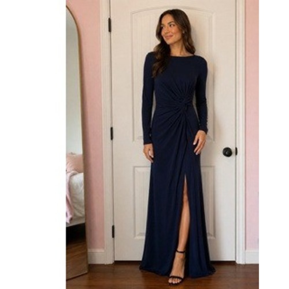 Vince Camuto Womens Navy Blue Ruched Twist Waist Long Sleeve Maxi Gown Dress 10